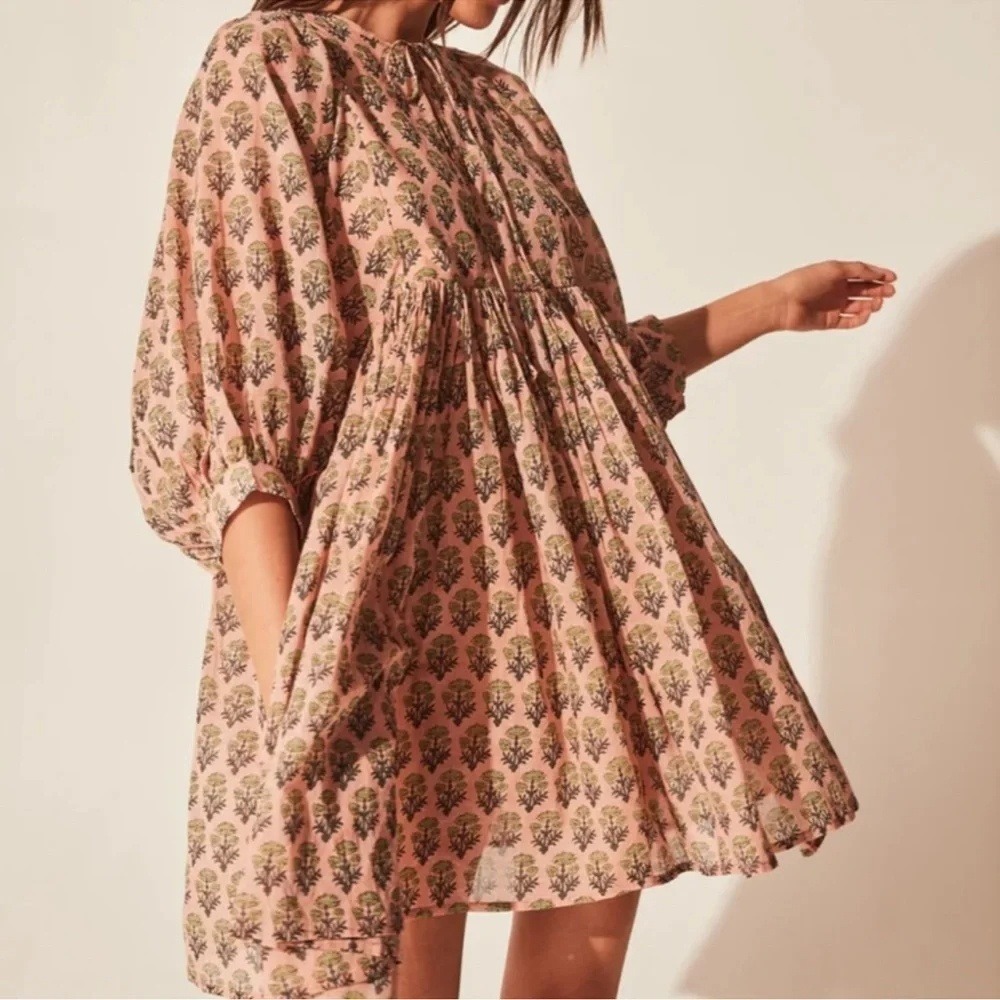 Daughters of India Peach Floral Kyra Cotton Mini Dress Small Boho Resortwear